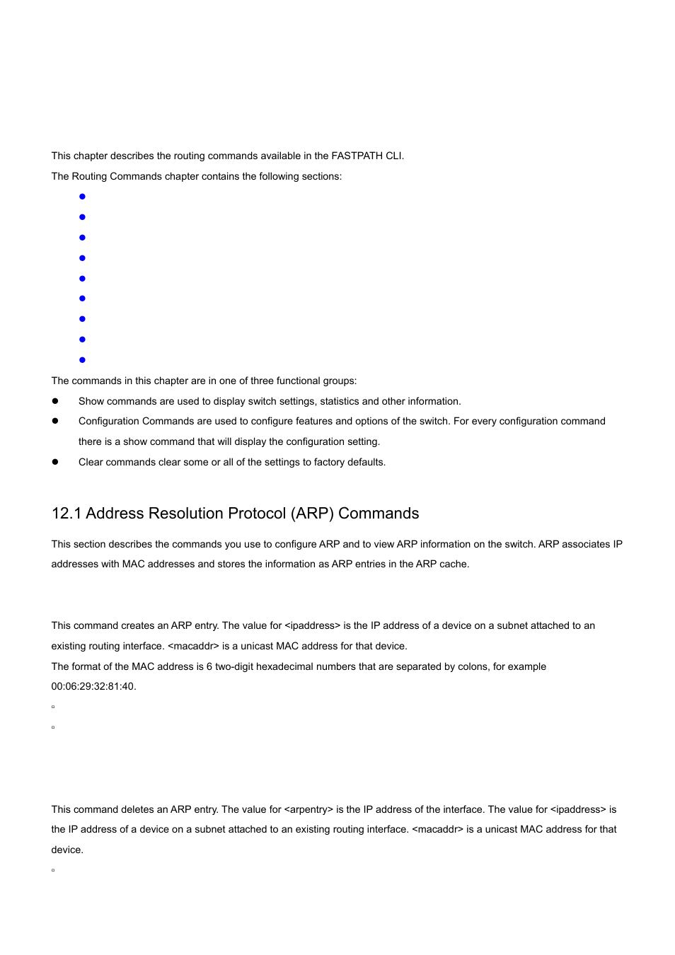 Cli commands: routing, 1 address resolution protocol (arp) commands, 1 arp | 2 no arp | PLANET WGS3-24000 User Manual | Page 426 / 526