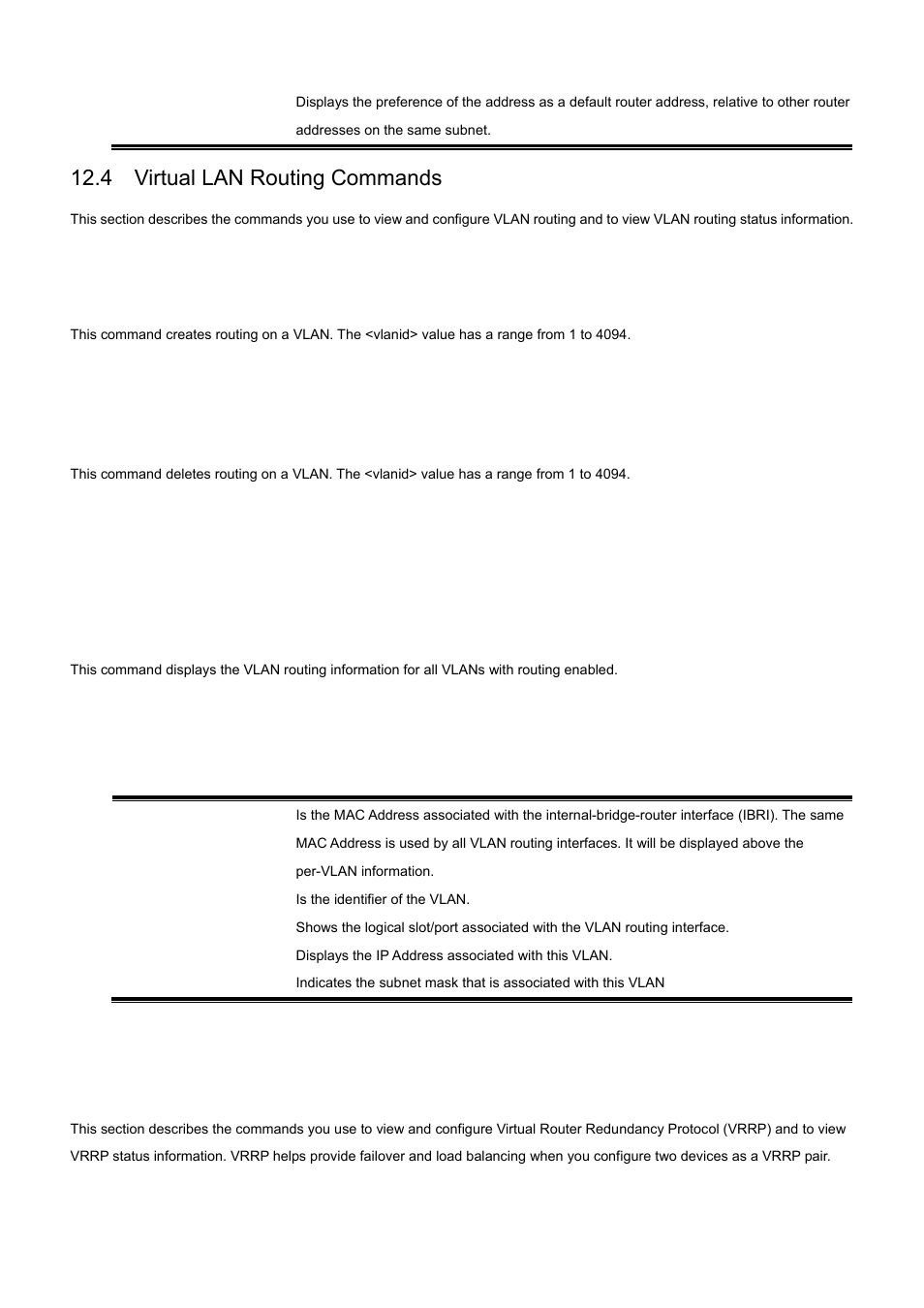 4 virtual lan routing commands, 1 vlan routing, 2 show ip vlan | 5 virtual router redundancy protocol commands | PLANET WGS3-24000 User Manual | Page 443 / 526