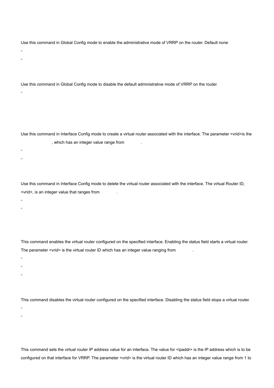 1 ip vrrp (global config), 2 ip vrrp (interface config), 3 ip vrrp mode | 4 ip vrrp ip, 1 no ip vrrp, 1 no ip vrrp mode | PLANET WGS3-24000 User Manual | Page 444 / 526