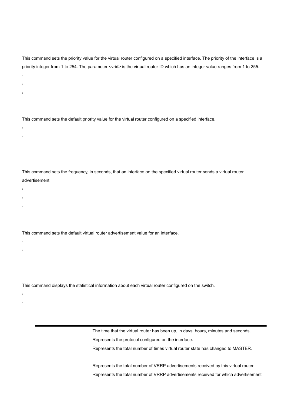 7 ip vrrp priority, 8 ip vrrp timers advertise, 9 show ip vrrp interface stats | 1 no ip vrrp priority, 1 no ip vrrp timers advertise | PLANET WGS3-24000 User Manual | Page 446 / 526