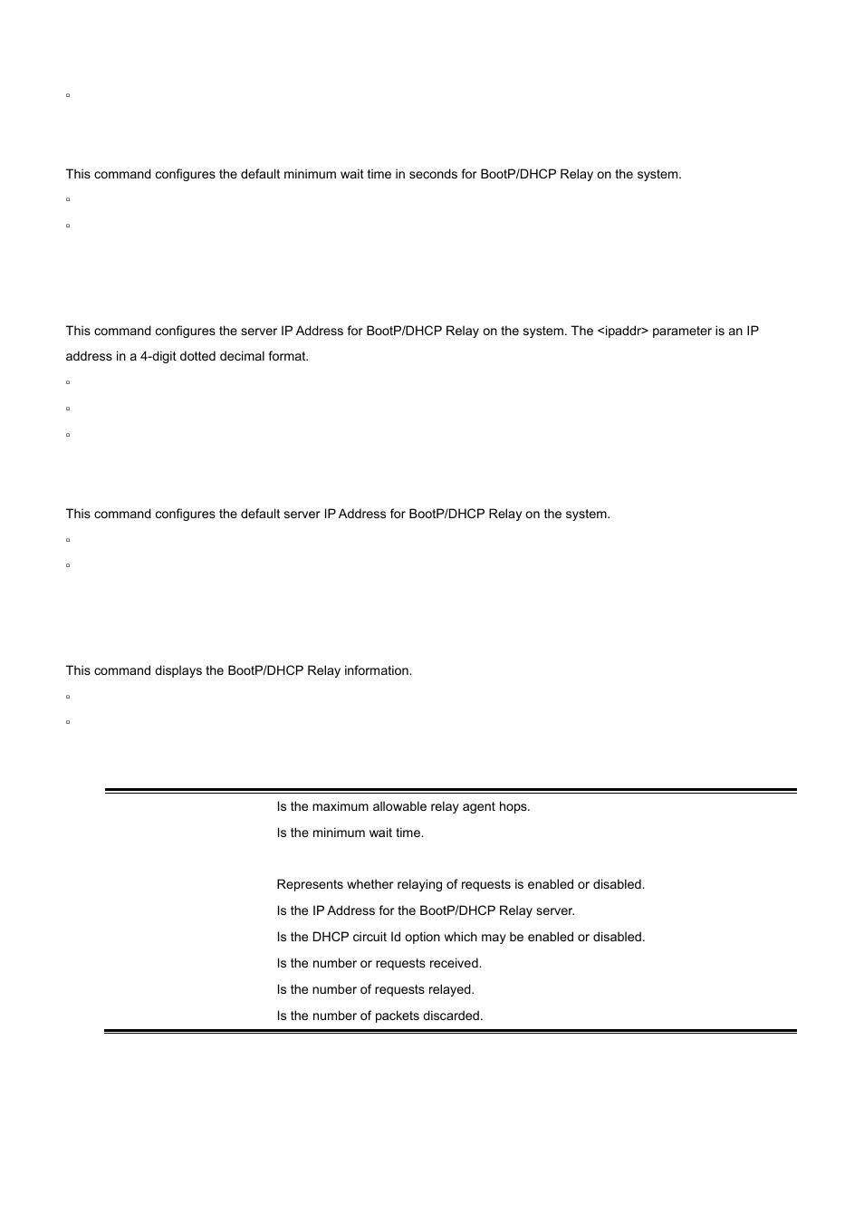 5 bootpdhcprelay serverip, 6 show bootpdhcprelay, 1 no bootpdhcprelay minwaittime | 1 no bootpdhcprelay serverip | PLANET WGS3-24000 User Manual | Page 450 / 526