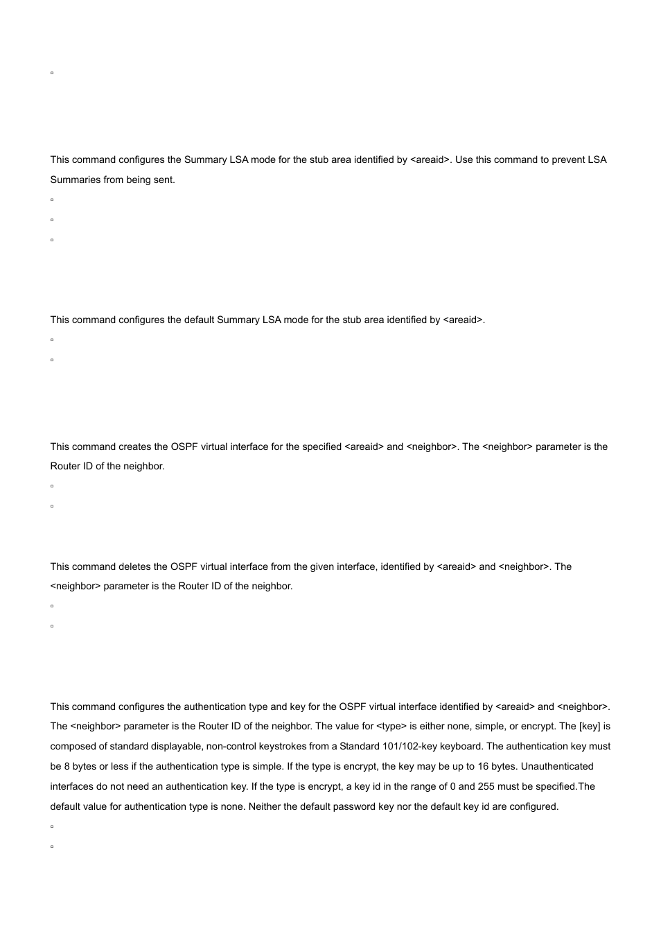 14 area stub no-summary (ospf), 15 area virtual-link (ospf), 16 area virtual-link authentication | No area stub no-summary, No area virtual-link | PLANET WGS3-24000 User Manual | Page 455 / 526