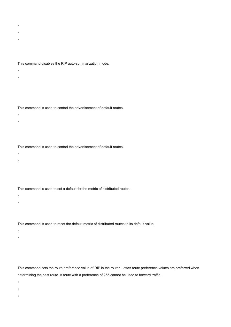 5 default-information originate (rip), 6 default-metric (rip), 7 distance rip | No auto-summary, No default-information originate (rip), No default-metric (rip) | PLANET WGS3-24000 User Manual | Page 479 / 526