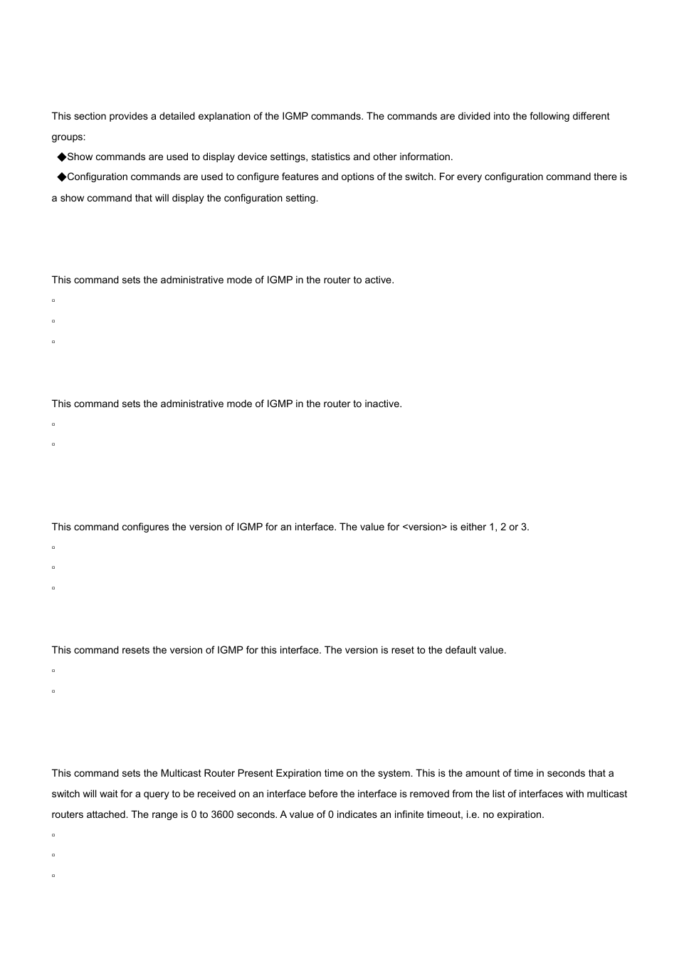 1 ip igmp, 2 ip igmp version, 3 set igmp mcrtrexpiretime | No ip igmp, No ip igmp version | PLANET WGS3-24000 User Manual | Page 498 / 526