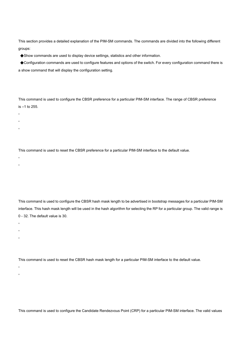 1 ip pimsm cbsrpreference, 2 ip pimsm cbsrhashmasklength, 3 ip pimsm crppreference | No ip pimsm cbsrpreference, No ip pimsm cbsrhashmasklength | PLANET WGS3-24000 User Manual | Page 510 / 526