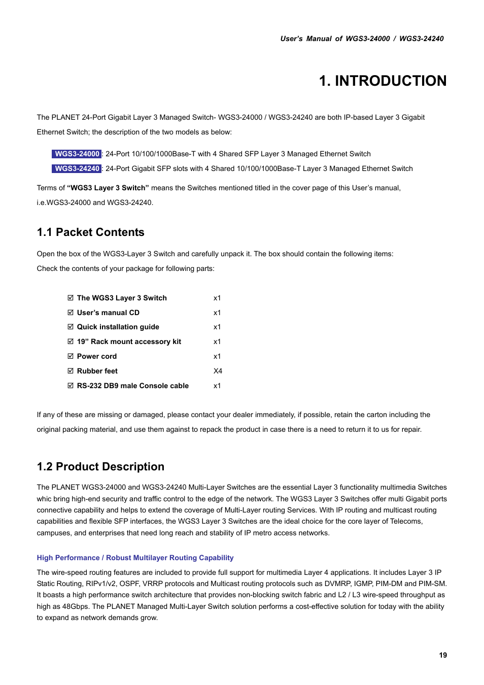 Introduction, 1 packet contents, 2 product description | PLANET WGS3-24240 User Manual | Page 19 / 570