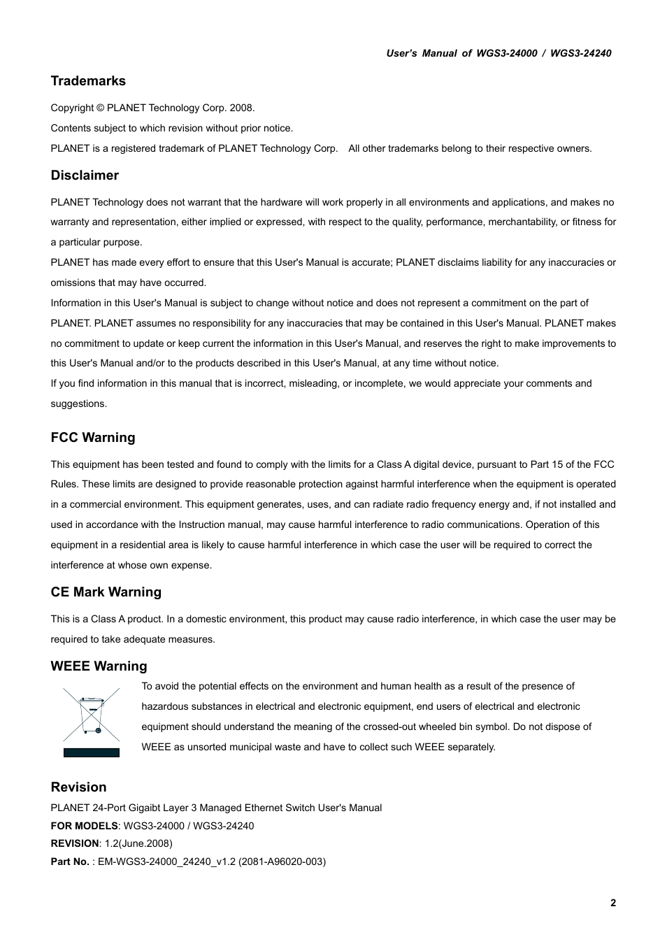 Trademarks, Disclaimer, Fcc warning | Ce mark warning, Weee warning, Revision | PLANET WGS3-24240 User Manual | Page 2 / 570