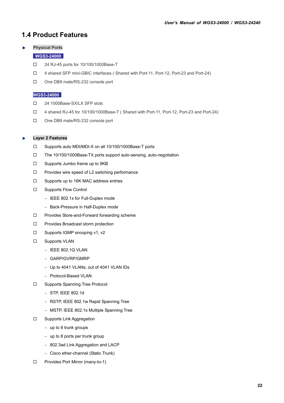 4 product features | PLANET WGS3-24240 User Manual | Page 22 / 570