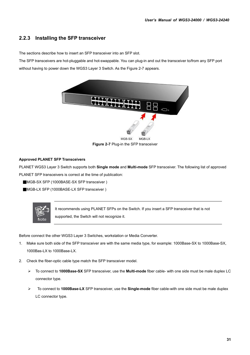 3 installing the sfp transceiver | PLANET WGS3-24240 User Manual | Page 31 / 570