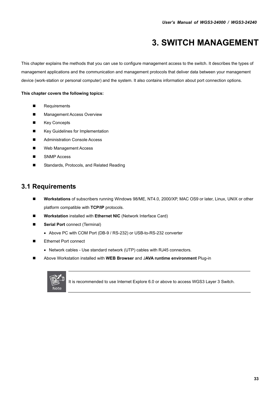 Switch management, 1 requirements | PLANET WGS3-24240 User Manual | Page 33 / 570
