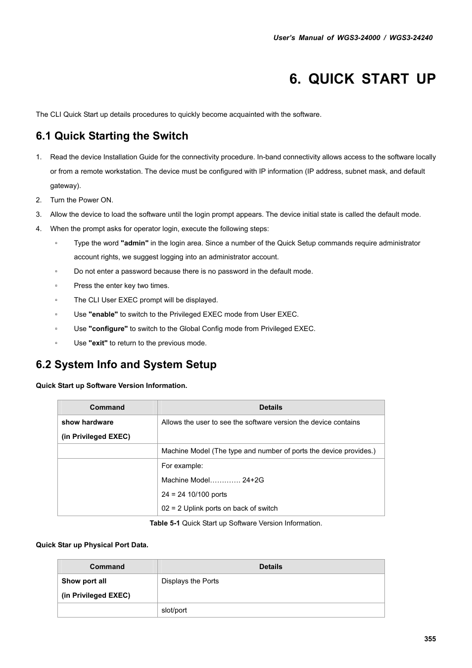 Quick start up, 1 quick starting the switch, 2 system info and system setup | PLANET WGS3-24240 User Manual | Page 355 / 570