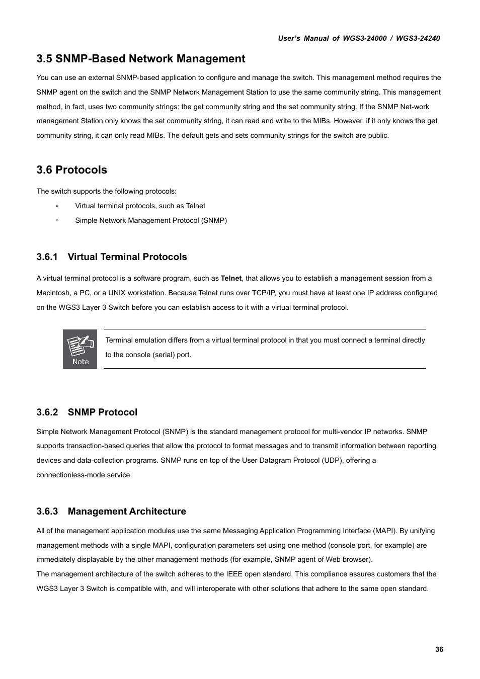 5 snmp-based network management, 6 protocols, 1 virtual terminal protocols | 2 snmp protocol, 3 management architecture | PLANET WGS3-24240 User Manual | Page 36 / 570