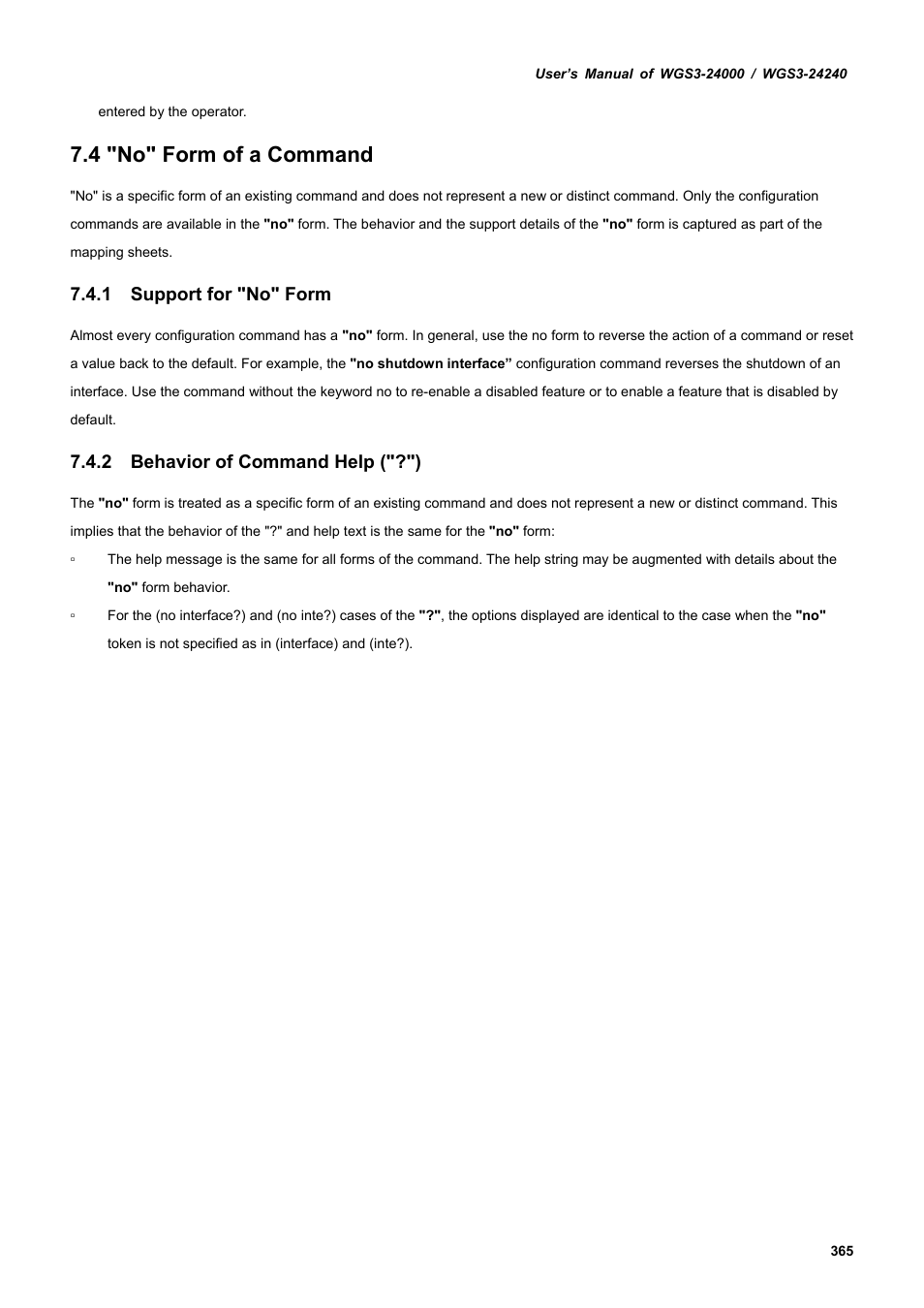 4 "no" form of a command, 1 support for "no" form, 2 behavior of command help ("?") | PLANET WGS3-24240 User Manual | Page 365 / 570