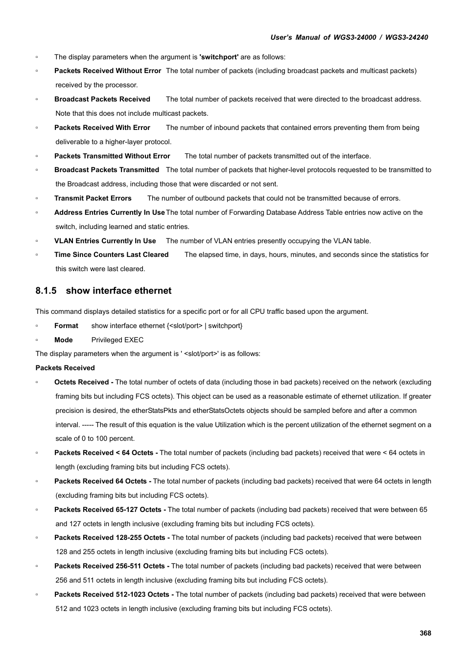5 show interface ethernet | PLANET WGS3-24240 User Manual | Page 368 / 570