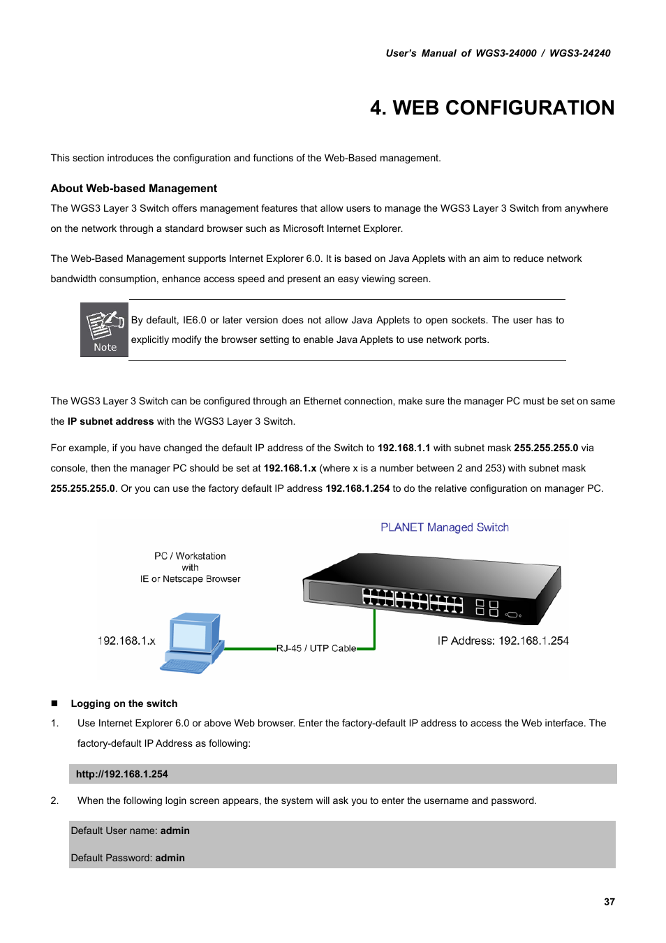 Web configuration | PLANET WGS3-24240 User Manual | Page 37 / 570