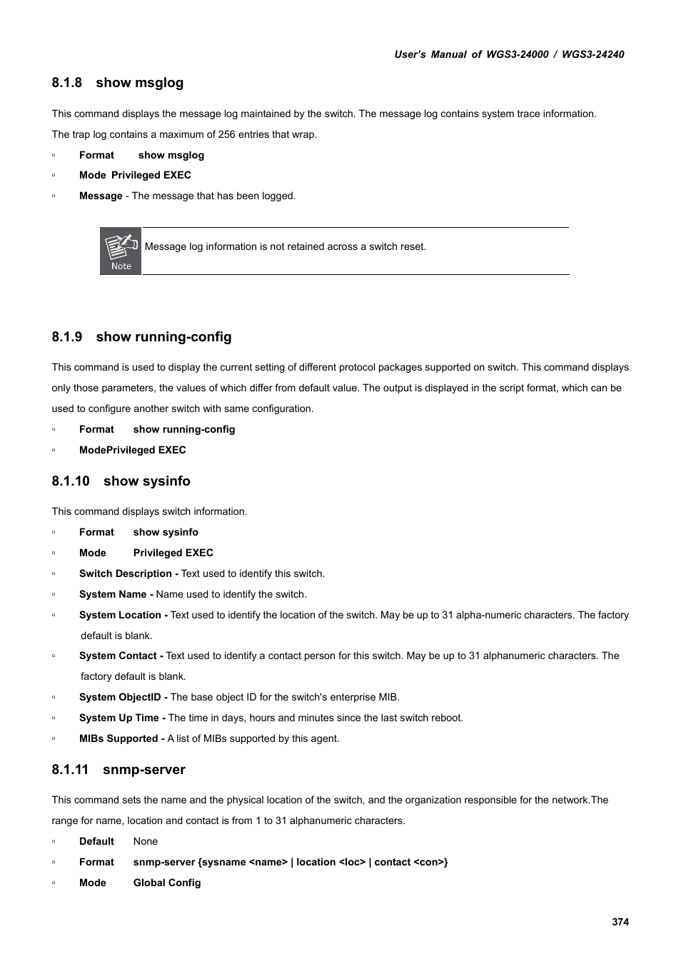 8 show msglog, 9 show running-config, 10 show sysinfo | 11 snmp-server | PLANET WGS3-24240 User Manual | Page 374 / 570