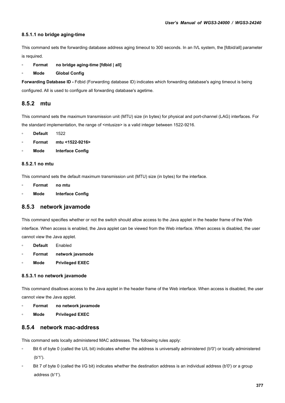 2 mtu, 3 network javamode, 4 network mac-address | PLANET WGS3-24240 User Manual | Page 377 / 570