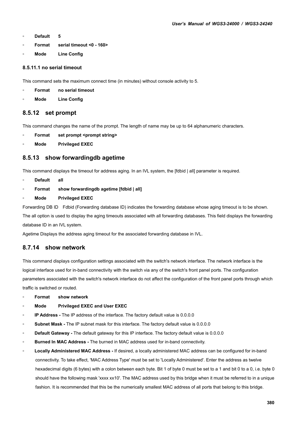 12 set prompt, 13 show forwardingdb agetime, 14 show network | PLANET WGS3-24240 User Manual | Page 380 / 570