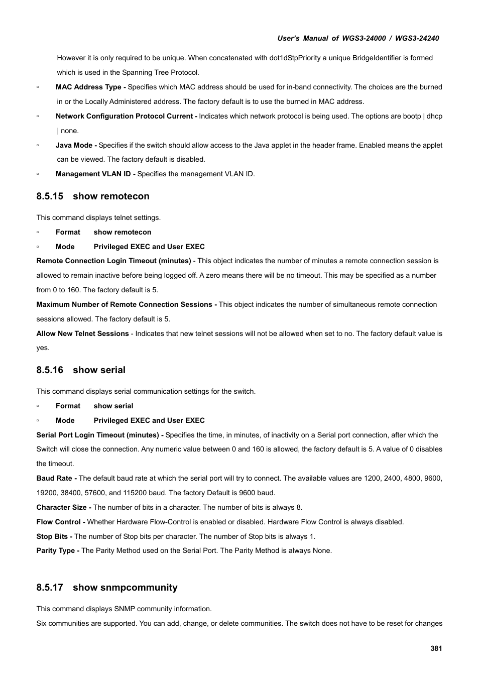 15 show remotecon, 16 show serial, 17 show snmpcommunity | PLANET WGS3-24240 User Manual | Page 381 / 570