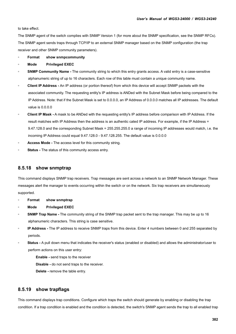 18 show snmptrap, 19 show trapflags | PLANET WGS3-24240 User Manual | Page 382 / 570