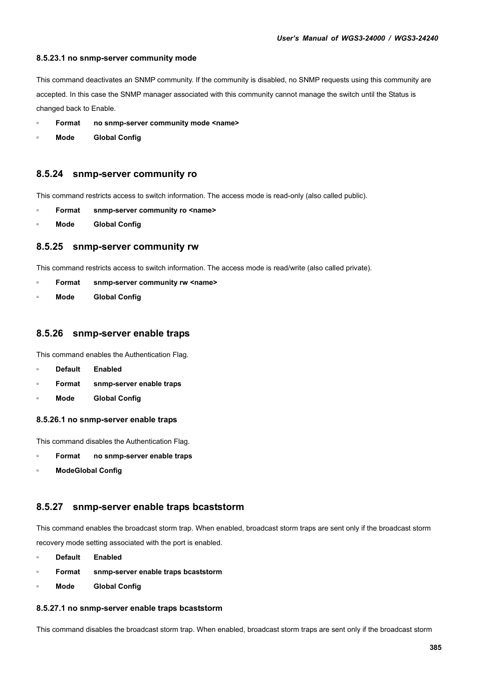 24 snmp-server community ro, 25 snmp-server community rw, 26 snmp-server enable traps | 27 snmp-server enable traps bcaststorm | PLANET WGS3-24240 User Manual | Page 385 / 570