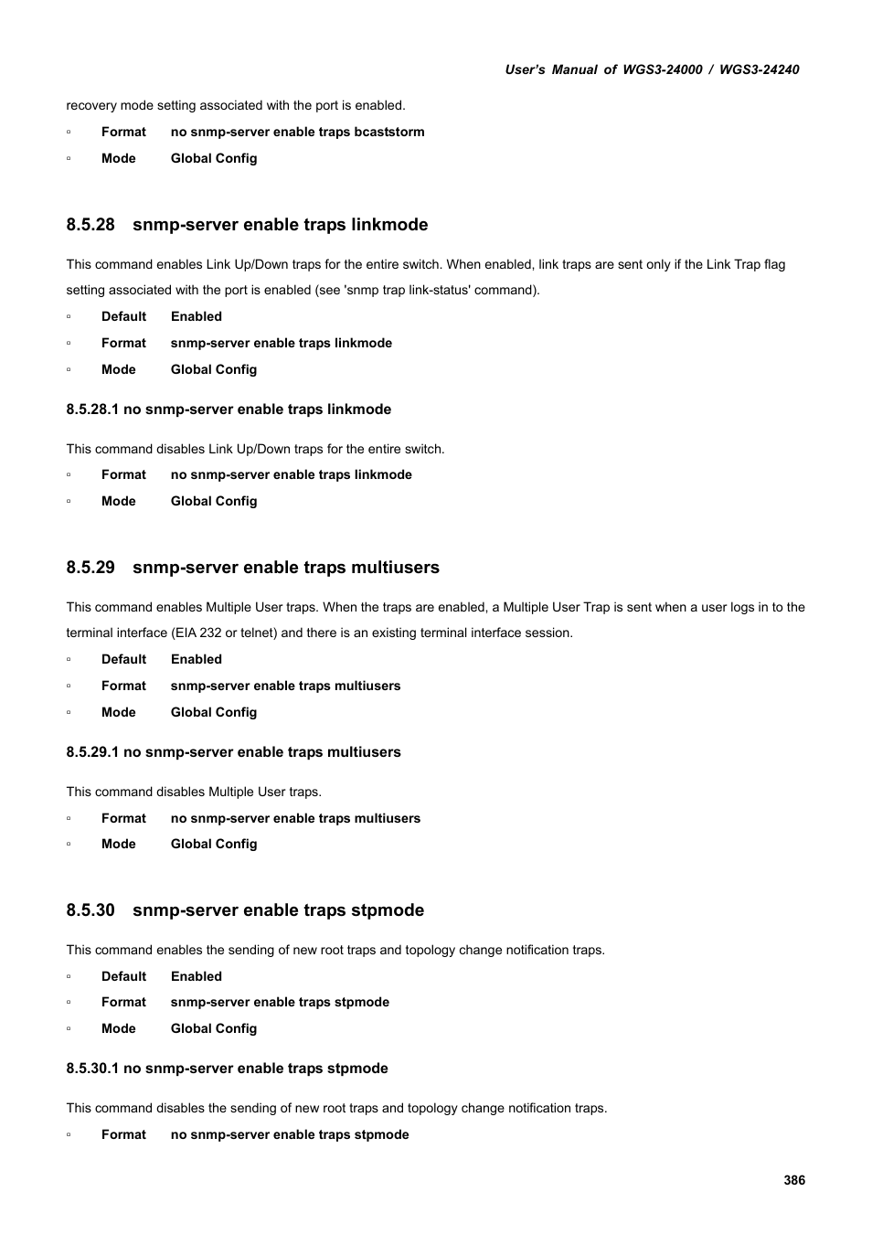 28 snmp-server enable traps linkmode, 29 snmp-server enable traps multiusers, 30 snmp-server enable traps stpmode | PLANET WGS3-24240 User Manual | Page 386 / 570