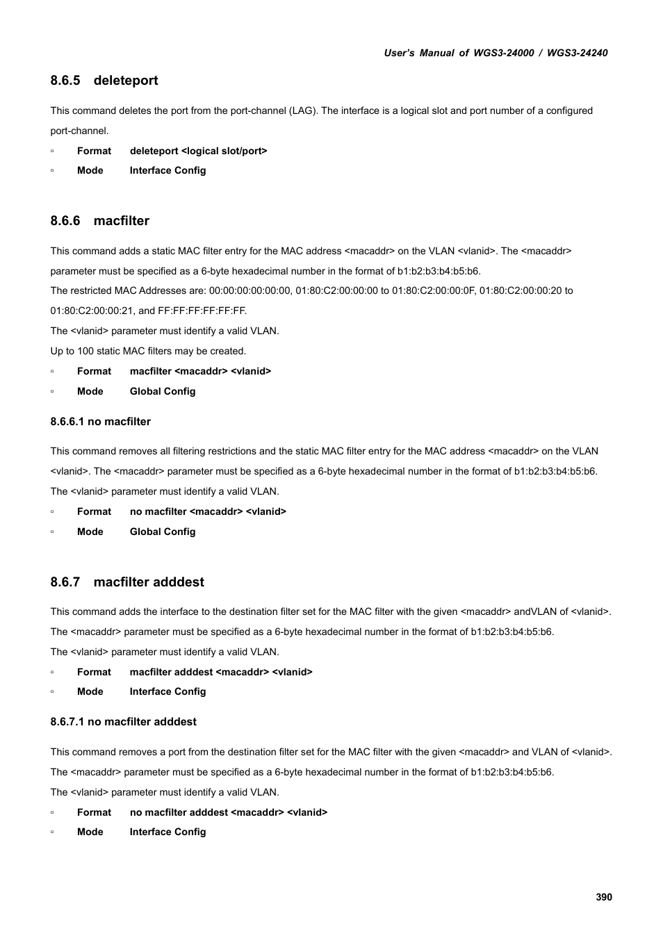 5 deleteport, 6 macfilter, 7 macfilter adddest | PLANET WGS3-24240 User Manual | Page 390 / 570