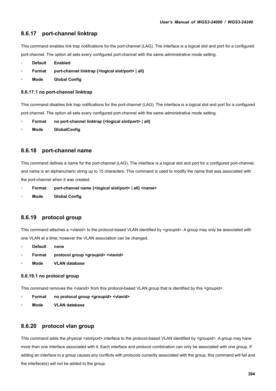 17 port-channel linktrap, 18 port-channel name, 19 protocol group | 20 protocol vlan group | PLANET WGS3-24240 User Manual | Page 394 / 570