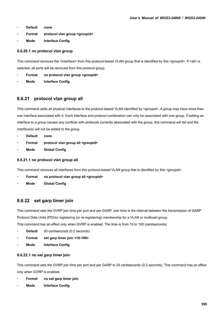 21 protocol vlan group all, 22 set garp timer join | PLANET WGS3-24240 User Manual | Page 395 / 570