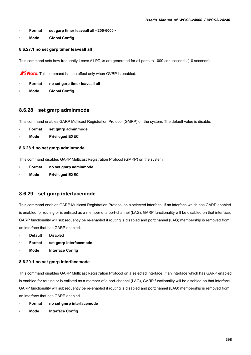 28 set gmrp adminmode, 29 set gmrp interfacemode | PLANET WGS3-24240 User Manual | Page 398 / 570