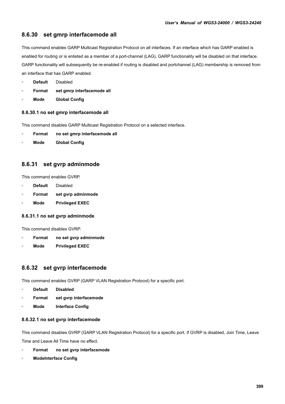 30 set gmrp interfacemode all, 31 set gvrp adminmode, 32 set gvrp interfacemode | PLANET WGS3-24240 User Manual | Page 399 / 570