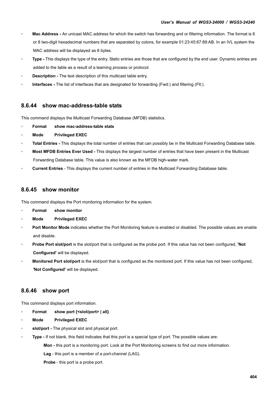 44 show mac-address-table stats, 45 show monitor, 46 show port | PLANET WGS3-24240 User Manual | Page 404 / 570