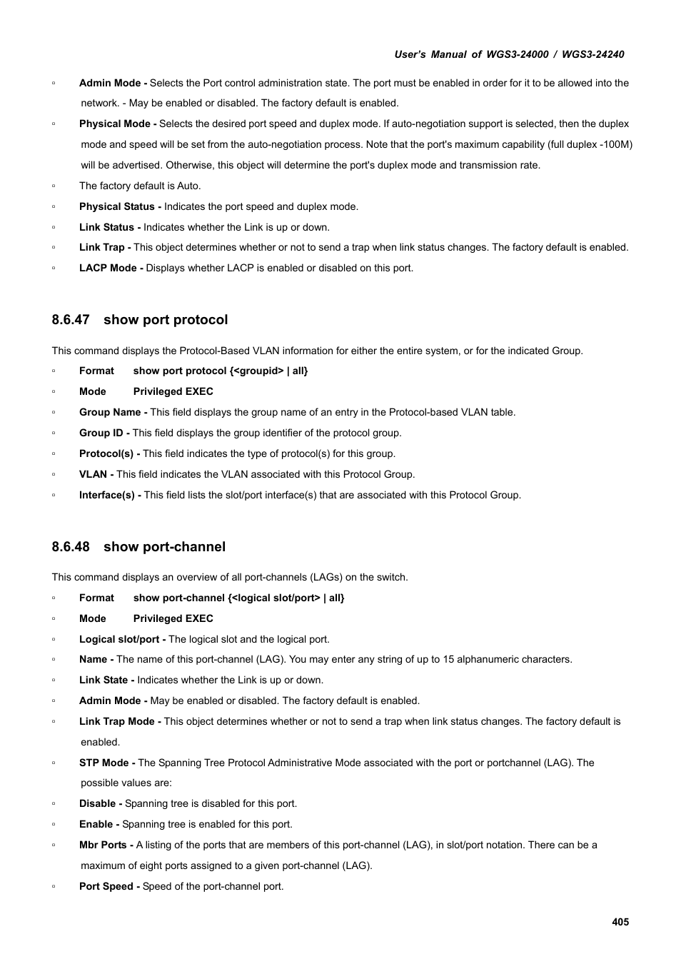 47 show port protocol, 48 show port-channel | PLANET WGS3-24240 User Manual | Page 405 / 570