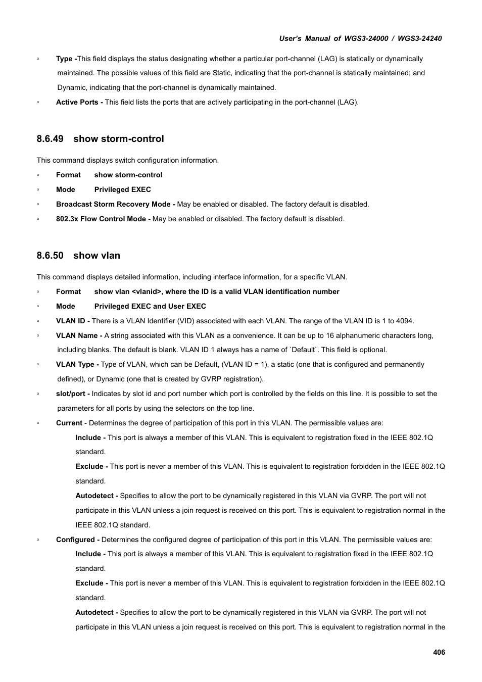 49 show storm-control, 50 show vlan | PLANET WGS3-24240 User Manual | Page 406 / 570
