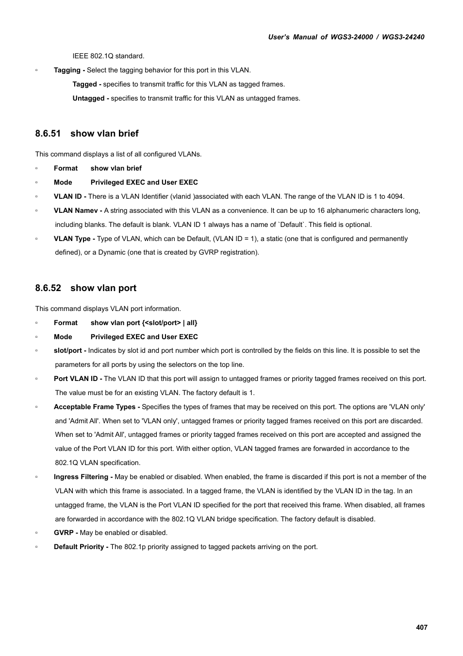 51 show vlan brief, 52 show vlan port | PLANET WGS3-24240 User Manual | Page 407 / 570