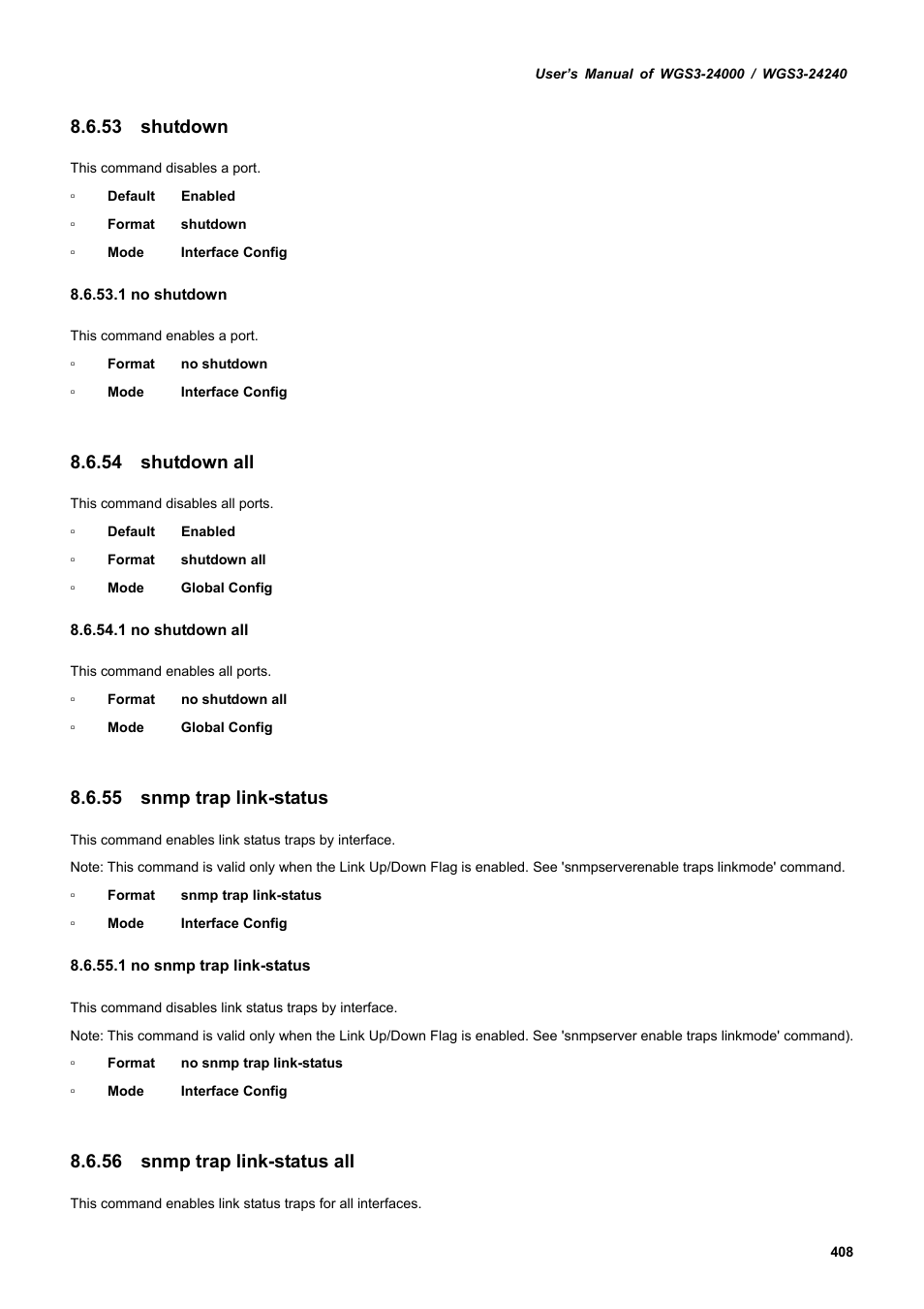 53 shutdown, 54 shutdown all, 55 snmp trap link-status | 56 snmp trap link-status all | PLANET WGS3-24240 User Manual | Page 408 / 570