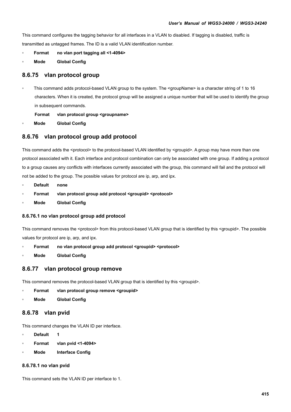 75 vlan protocol group, 76 vlan protocol group add protocol, 77 vlan protocol group remove | 78 vlan pvid | PLANET WGS3-24240 User Manual | Page 415 / 570