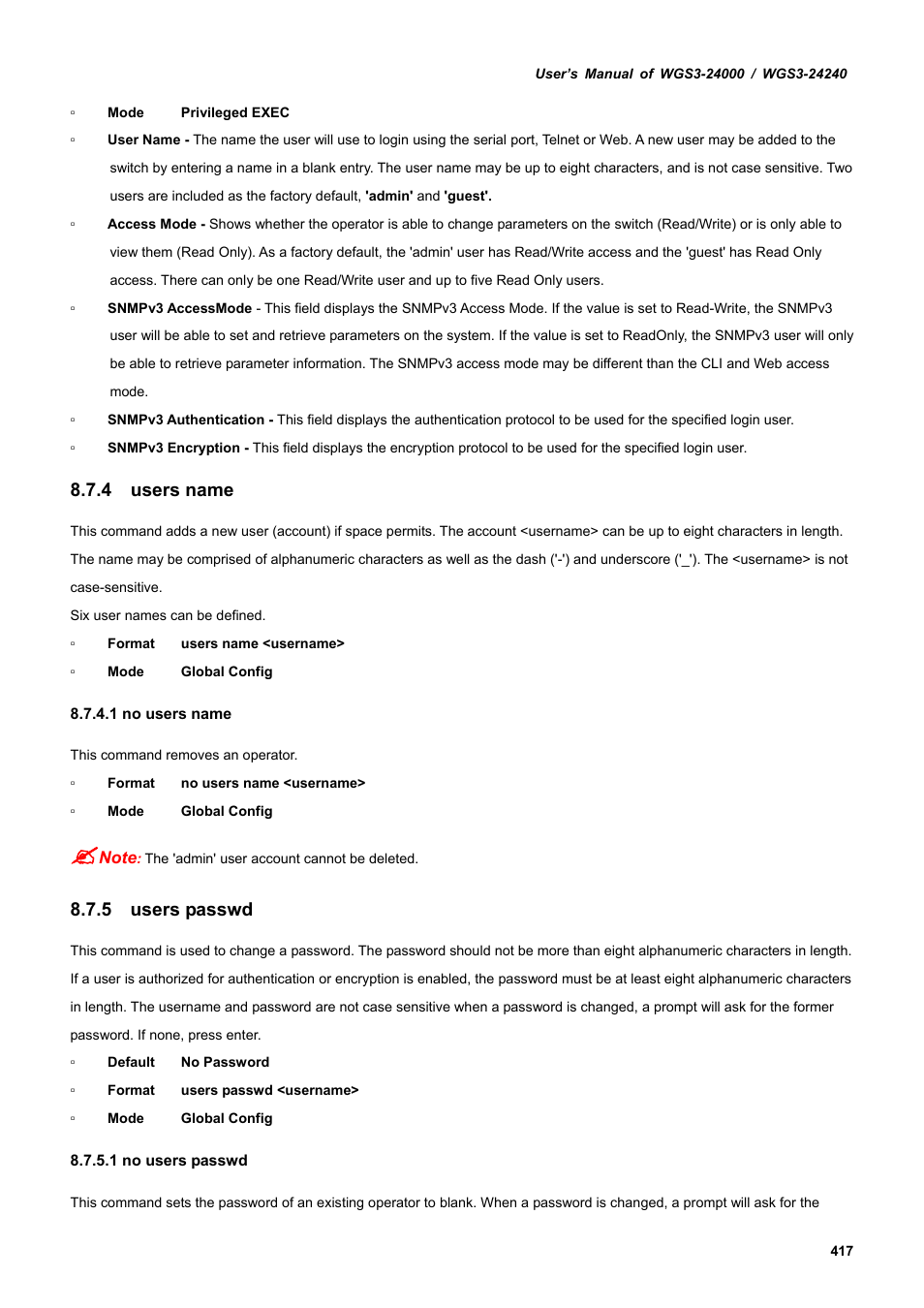 4 users name, 5 users passwd | PLANET WGS3-24240 User Manual | Page 417 / 570