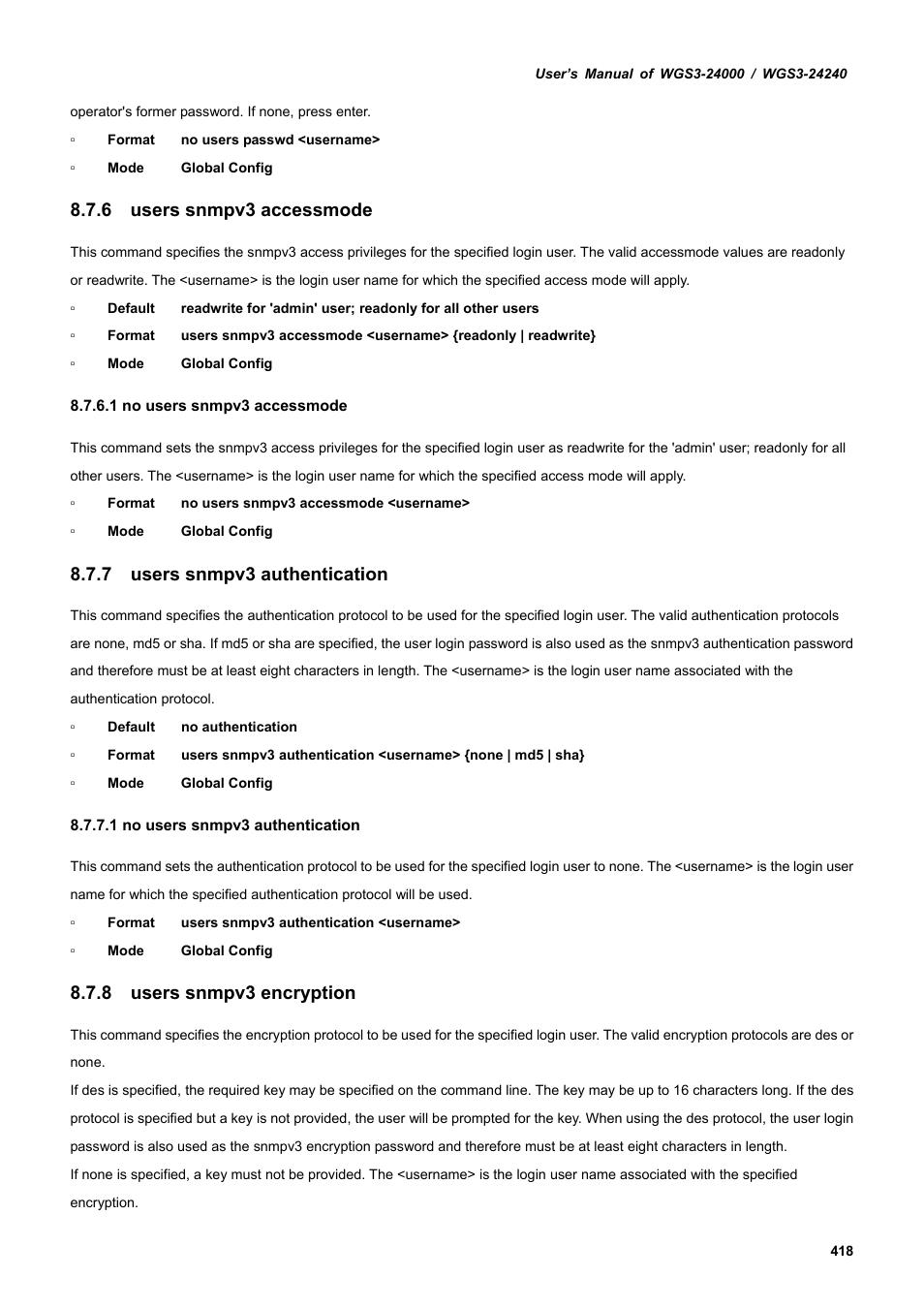 6 users snmpv3 accessmode, 7 users snmpv3 authentication, 8 users snmpv3 encryption | PLANET WGS3-24240 User Manual | Page 418 / 570