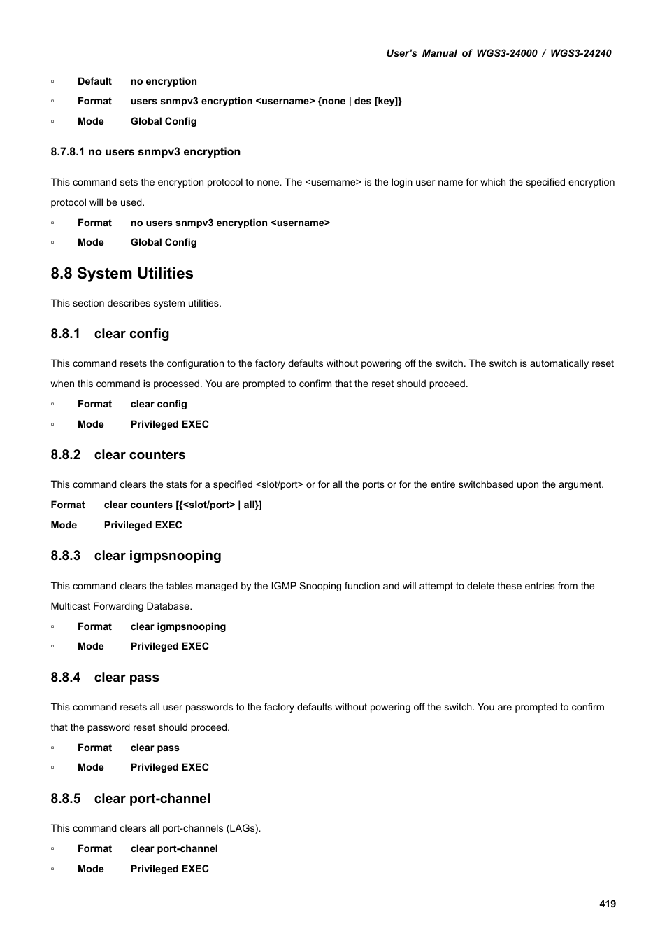 8 system utilities, 1 clear config, 2 clear counters | 3 clear igmpsnooping, 4 clear pass, 5 clear port-channel | PLANET WGS3-24240 User Manual | Page 419 / 570