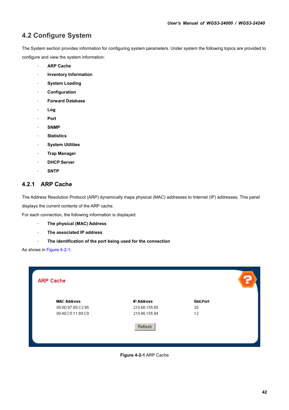 2 configure system, 1 arp cache | PLANET WGS3-24240 User Manual | Page 42 / 570