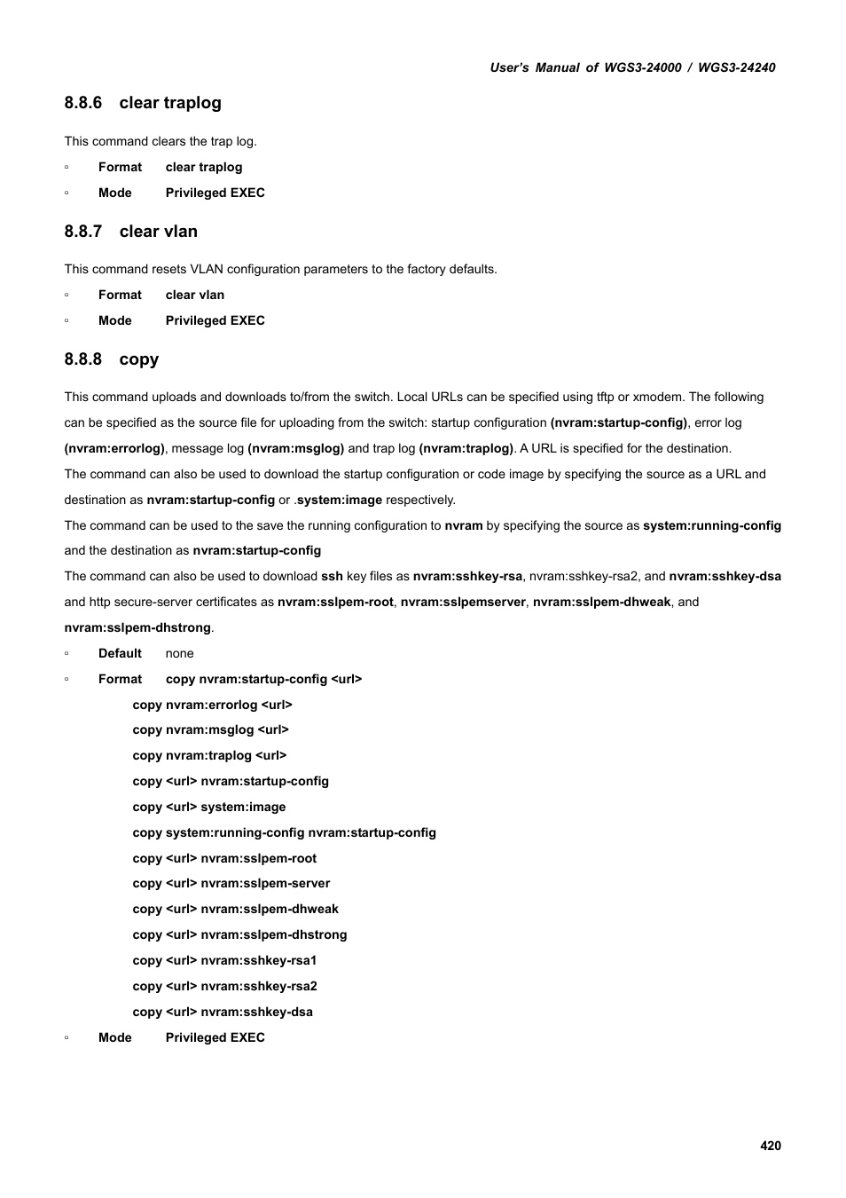 6 clear traplog, 7 clear vlan, 8 copy | PLANET WGS3-24240 User Manual | Page 420 / 570
