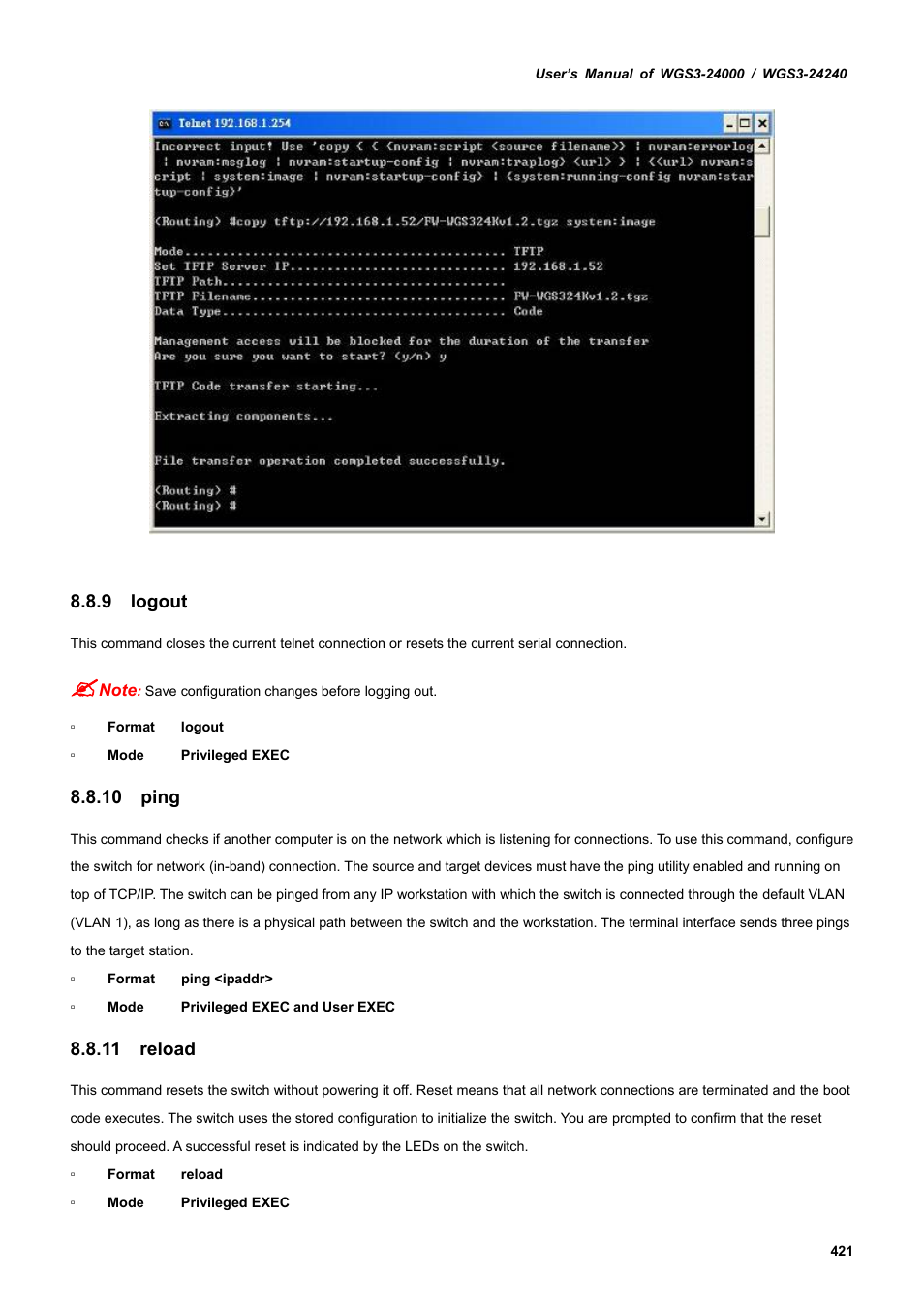 9 logout, 10 ping, 11 reload | PLANET WGS3-24240 User Manual | Page 421 / 570