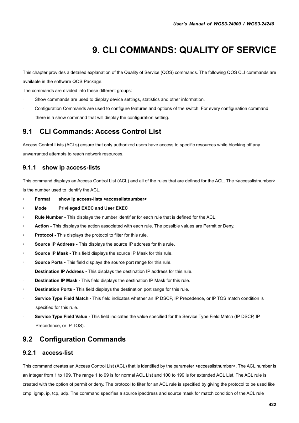 Cli commands: quality of service, 1 cli commands: access control list, 1 show ip access-lists | 2 configuration commands, 1 access-list | PLANET WGS3-24240 User Manual | Page 422 / 570