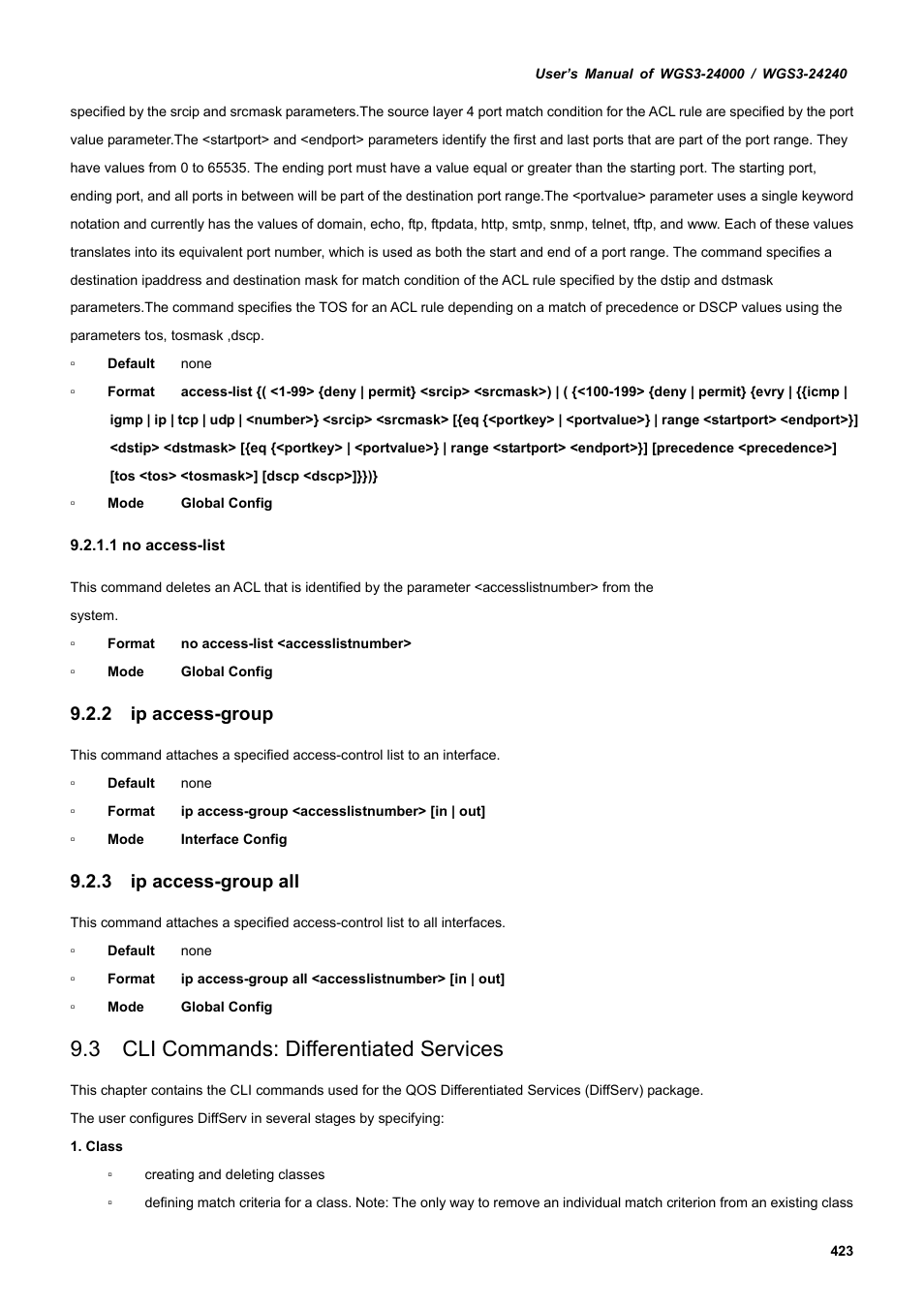 2 ip access-group, 3 ip access-group all, 3 cli commands: differentiated services | PLANET WGS3-24240 User Manual | Page 423 / 570