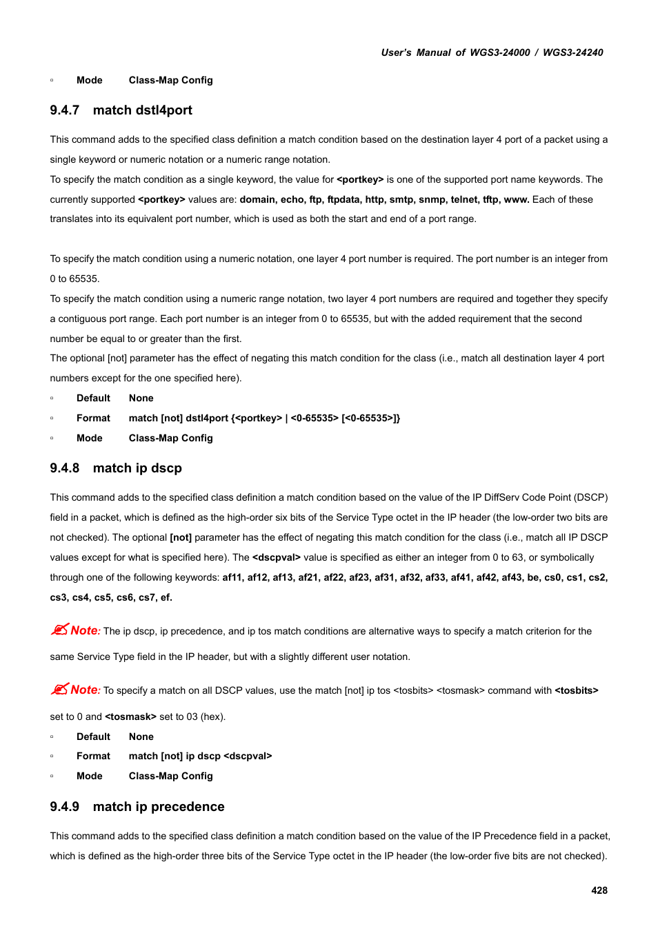 7 match dstl4port, 8 match ip dscp, 9 match ip precedence | PLANET WGS3-24240 User Manual | Page 428 / 570