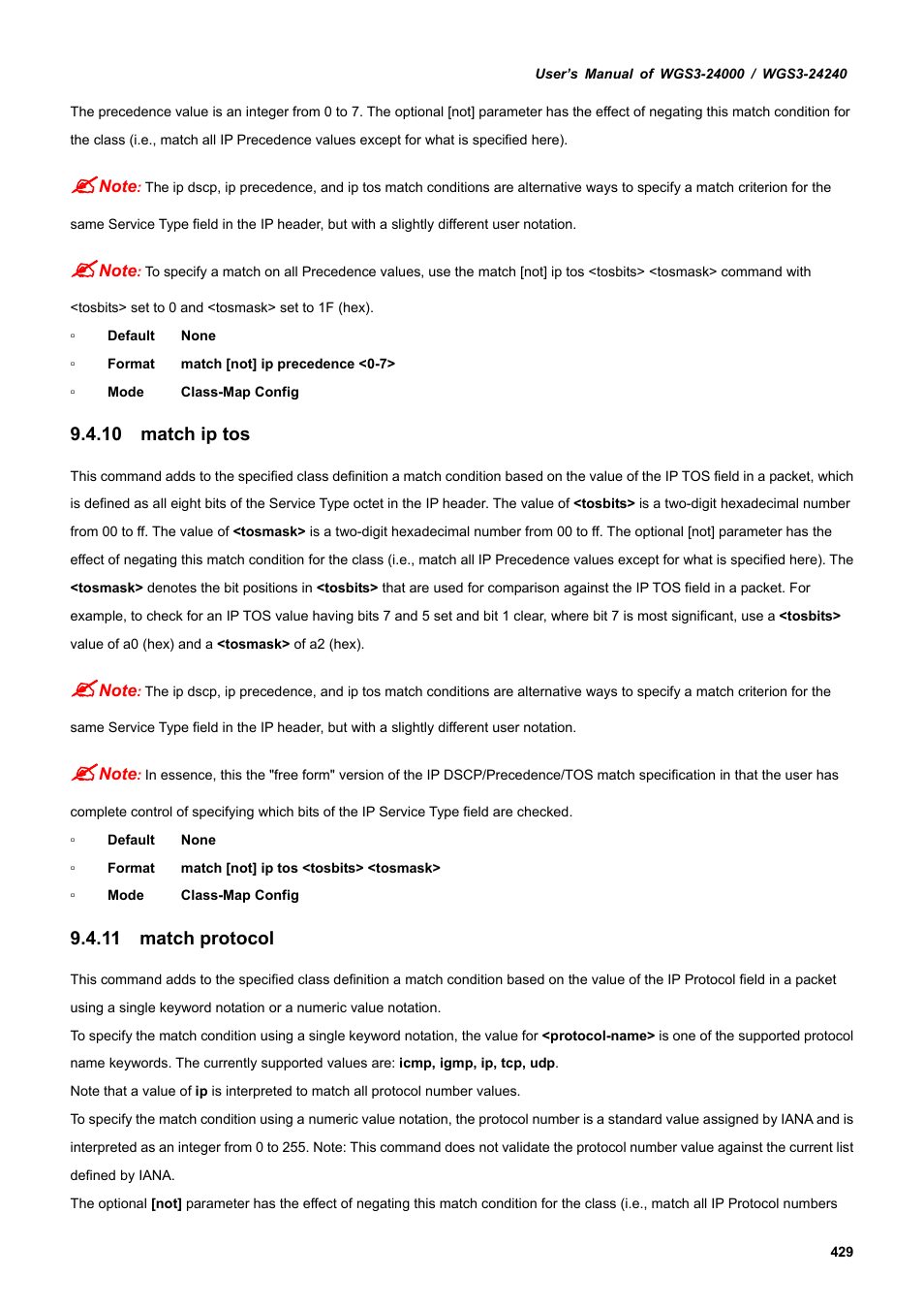 10 match ip tos, 11 match protocol | PLANET WGS3-24240 User Manual | Page 429 / 570