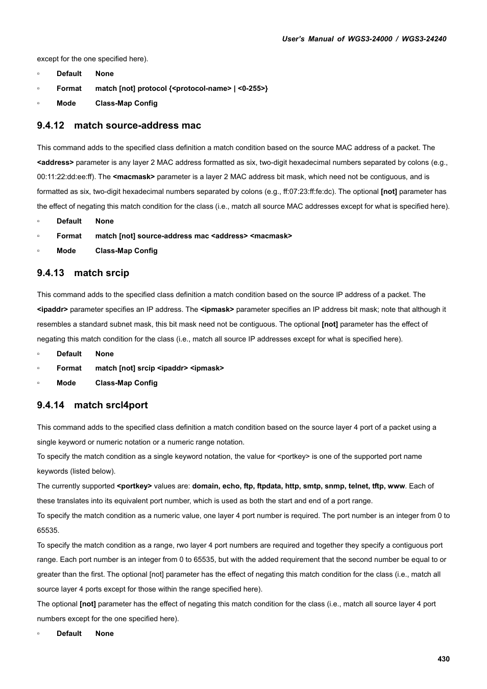 12 match source-address mac, 13 match srcip, 14 match srcl4port | PLANET WGS3-24240 User Manual | Page 430 / 570