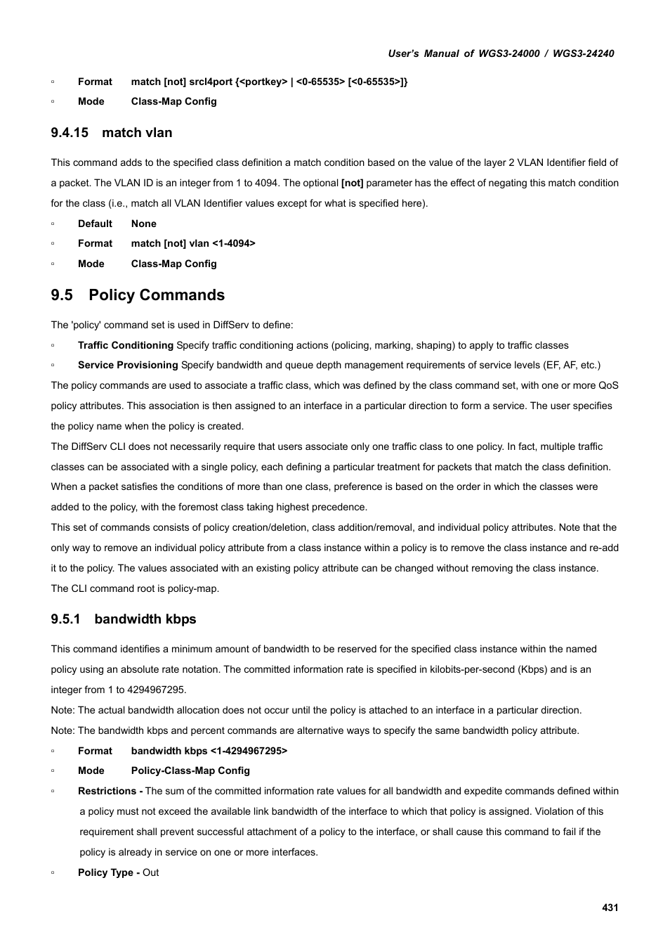 15 match vlan, 5 policy commands, 1 bandwidth kbps | PLANET WGS3-24240 User Manual | Page 431 / 570