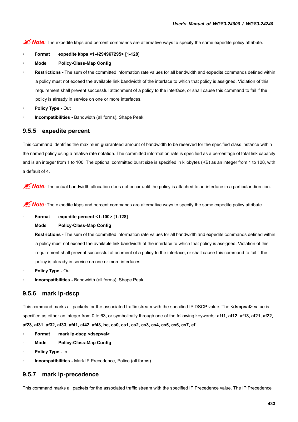 5 expedite percent, 6 mark ip-dscp, 7 mark ip-precedence | PLANET WGS3-24240 User Manual | Page 433 / 570